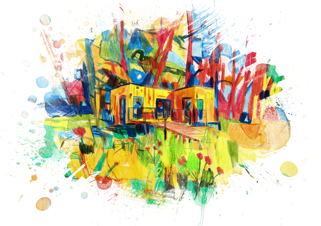 Kolorowa ilustracja małego domku w otoczeniu drzew. Kolory są intensywne i przypominają akwarelę.